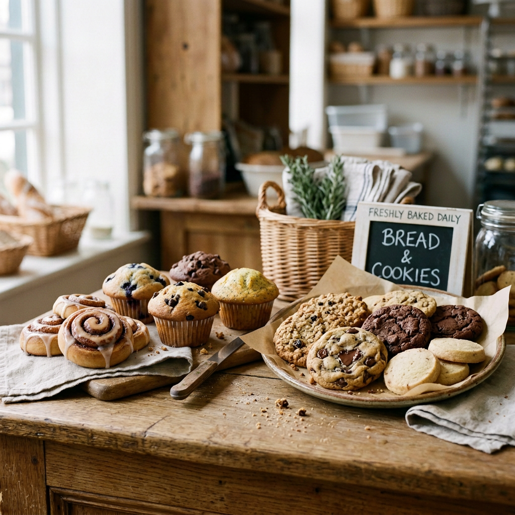 Freshly baked breads and cookies beside a sign reading “FRESHLY BAKED DAILY BREAD & COOKIES”