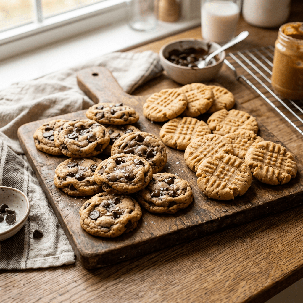 Chocolate chip and peanut butter cookies arranged on a wooden board