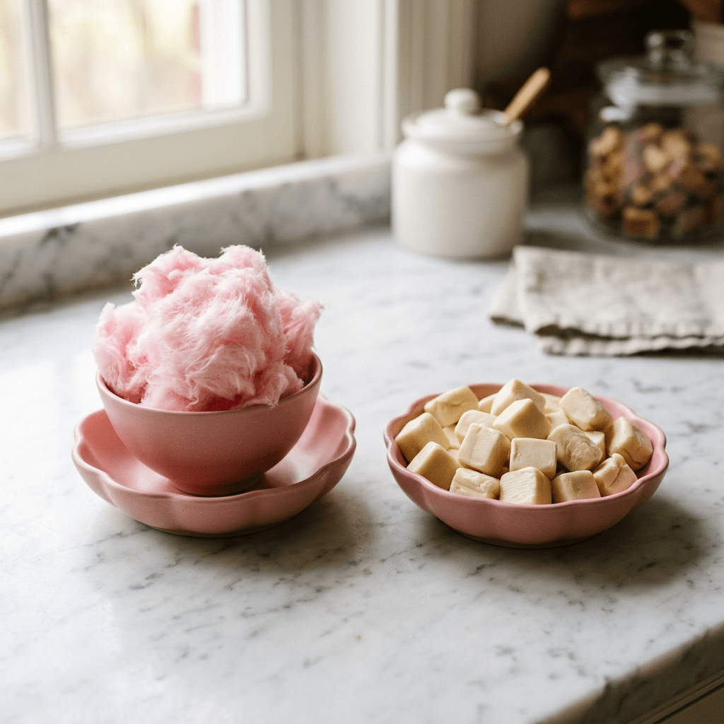 Pink cotton candy and banana slices in matching bowls